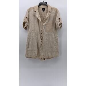 BDG Women’s Beige Seersucker Striped Button-Up Short Sleeve Relaxed Romper SZ M